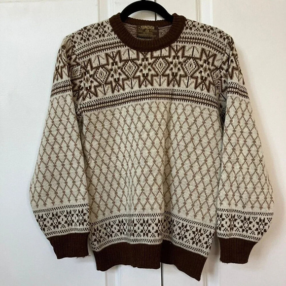 Vintage Tundra  Nordic Brown Tan Diamond Pattern Pure Virgin Wool Sweater Canada - Picture 1 of 7